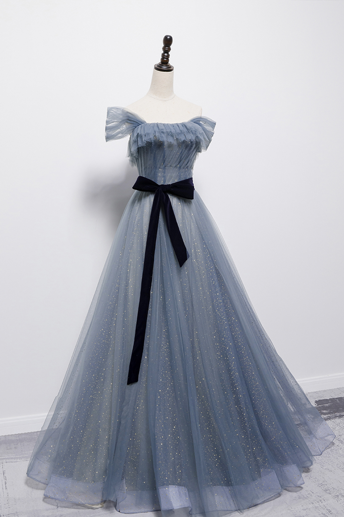 Blue tulle long prom dress A line evening dress,DS4790