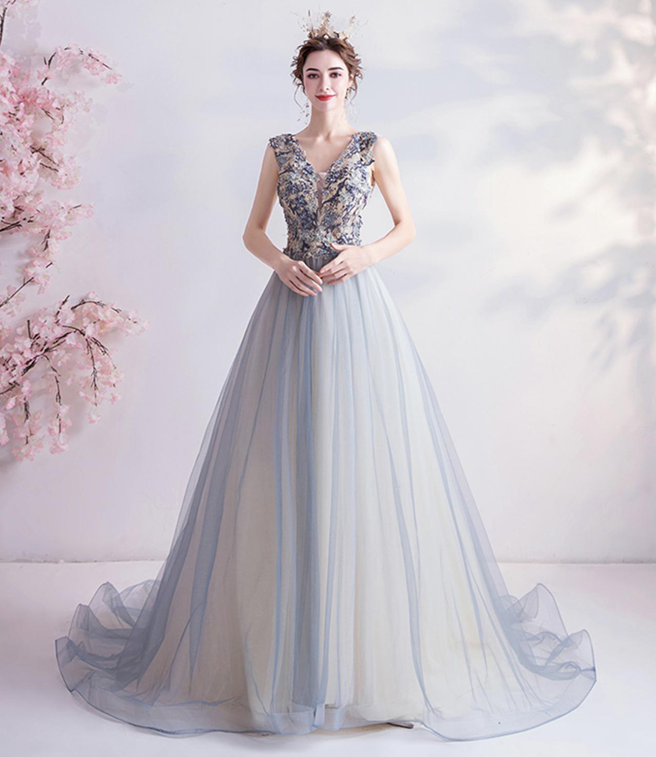 Long A Line V Neck Tulle Prom Dress Backless Formal Evening Gowns