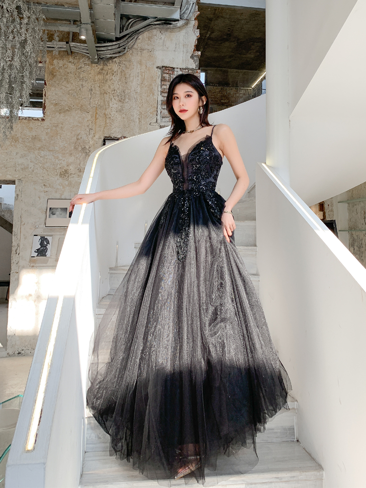 Black v neck lace long prom dress A line evening dress main image 0