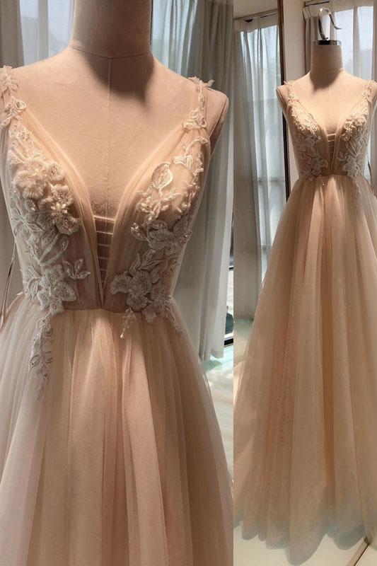Champagne Tulle V Neck Long A Line Sweet Prom Dress Evening Dress