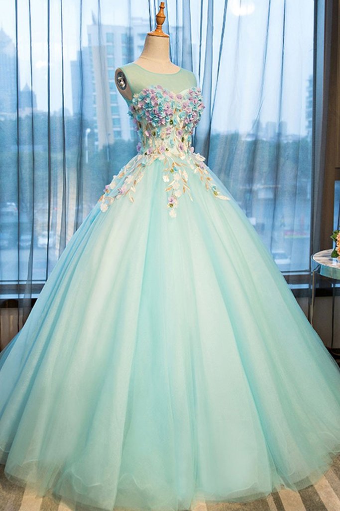 Light Green Tulle Round Neck Long A Line Sweet 16 Prom Dress With ...