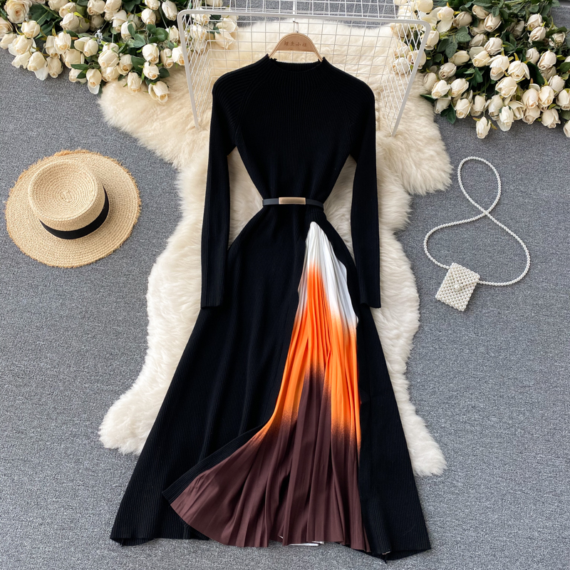 Black A line long sleeve dress knitted dress