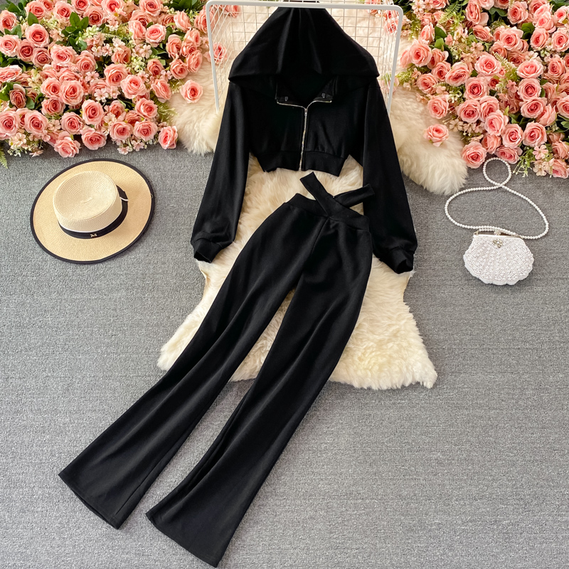 Casual two-piece suit hooded sweater + wide-leg trousers
