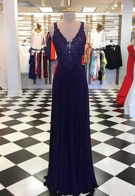 V-neck Long Prom Dresses With Appliques And Beading,formal Dress,dance Dresses,,ip1347