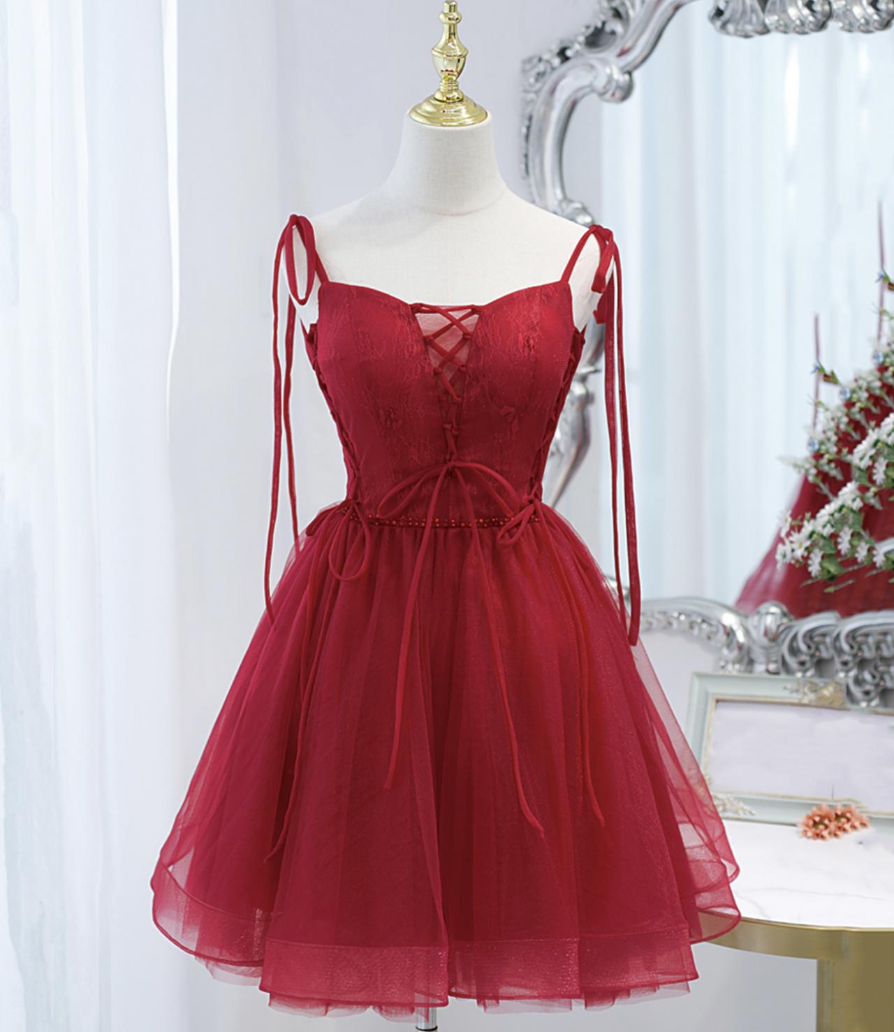 Burgundy tulle lace-up short prom dress party dress
