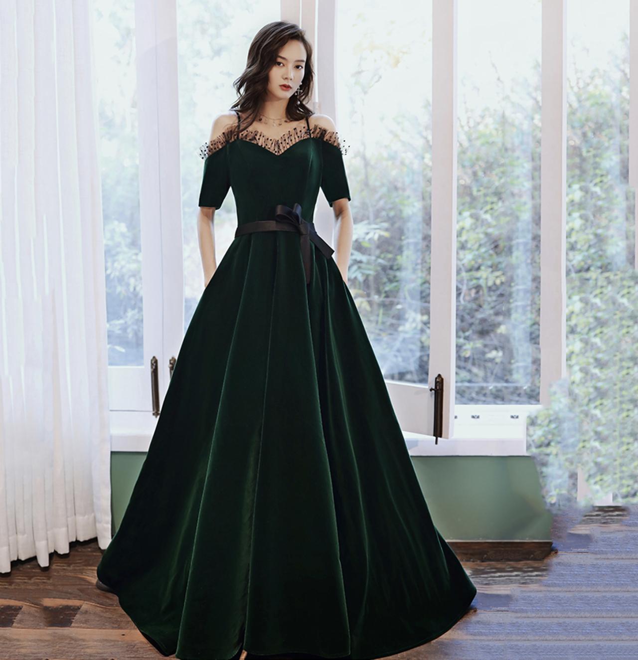 Green Velvet Long Prom Dress A Line Evening Gown on Luulla