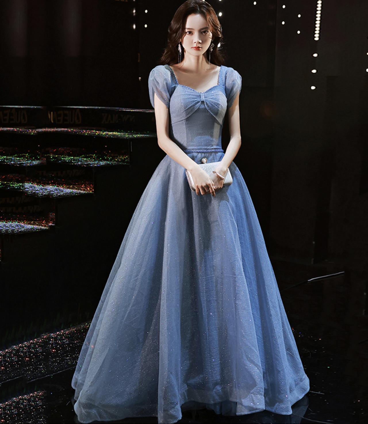 Blue Tulle Sequins Long Prom Dress Evening Gown