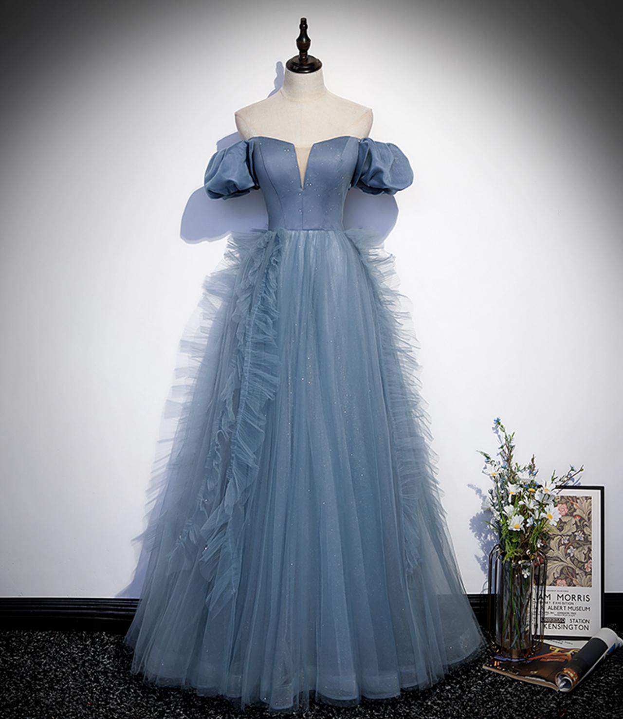 Blue satin tulle long prom dress blue evening dress
