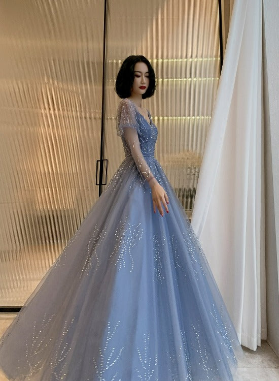 Blue Tulle Beaded Long Formal Dress Party Dress, Beautiful Blue Prom Dresses