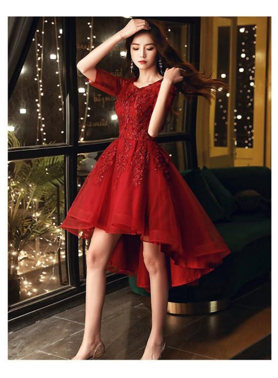 Dark Red High Low Tulle Short Sleeves Flowers Party Dress, Homecoming Dress
