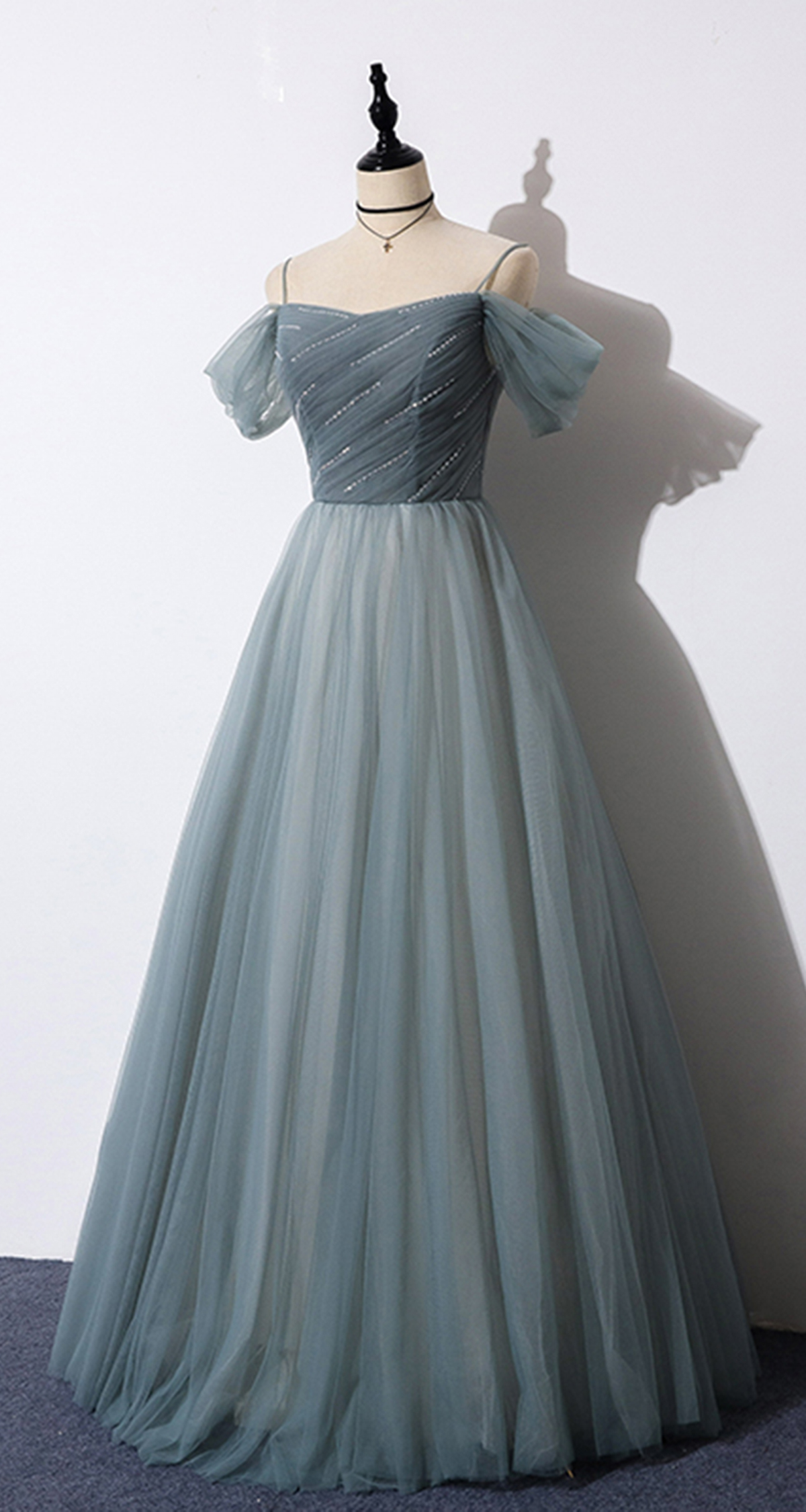 Blue Gray Tulle Sequins Off Shoulder Floor Length Prom Dress, Formal Dress With Sleeve 06