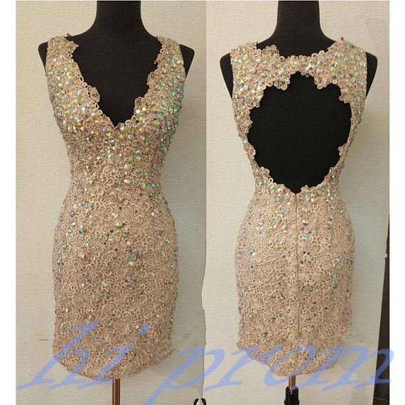 Champagne Homecoming Dress,lace Homecoming Dresses,short Prom Gown,open Backs Homecoming Gowns,2015 Homecoming Dress,backless Homecoming