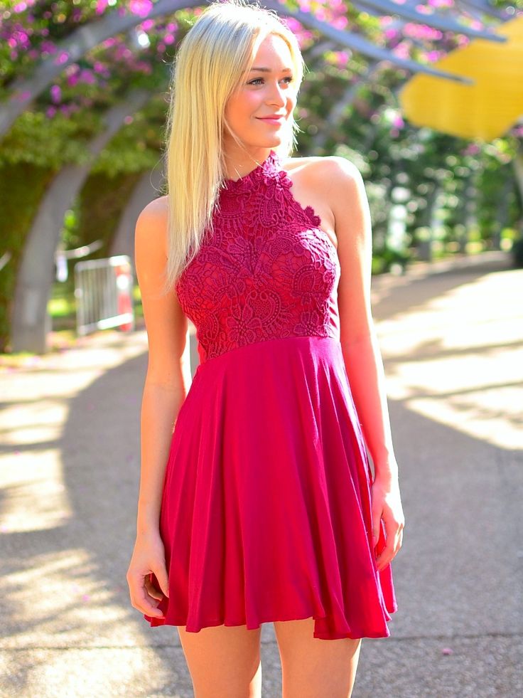 Hot Pink Floral Lace Halter Neck Short Chiffon Skater Dress Homecoming Dress On Luulla 7783