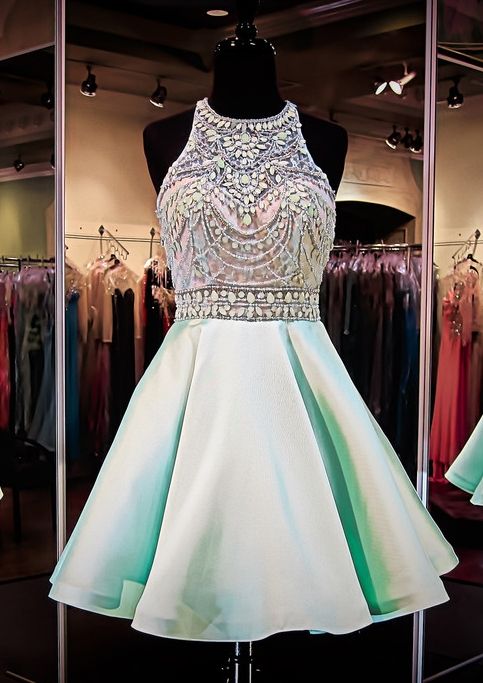 Mint Green Homecoming Dresses,chiffon Homecoming Dress,beaded Prom Dresses,halter Cocktail Dresses,sweet 16 Gowns,2015 Evening Gowns