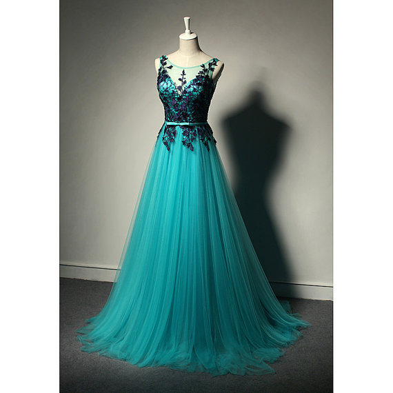 New Fashion Prom Dresses Blue Prom Dress Tulle Formal Gown Lace