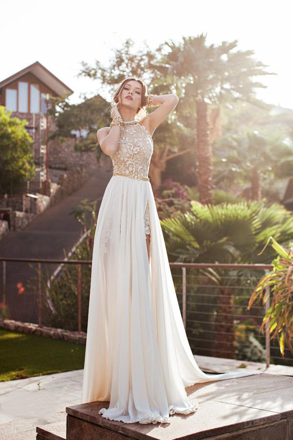 White Gold Wedding Dresses with Lace