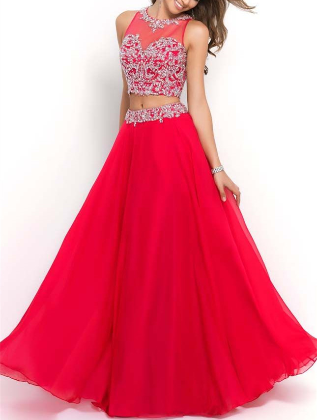 Beaded Prom Dresses,Beading Prom Dress,Red Prom Gown,2 Pieces Prom ...