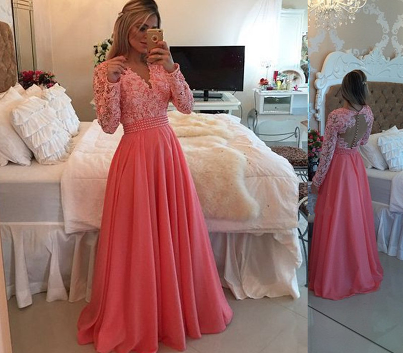 Coral Prom Dress,Ball Gown Prom Dress,White Lace Prom Gown,Backless Prom Dresses,Sexy Evening Gowns,New Fashion Evening Gown,Long Sleeves Party Dress For Teens