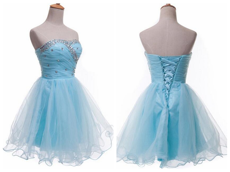 Light Blue Beaded Knee Length Tulle Party Dress, Light Blue Homecoming Dress