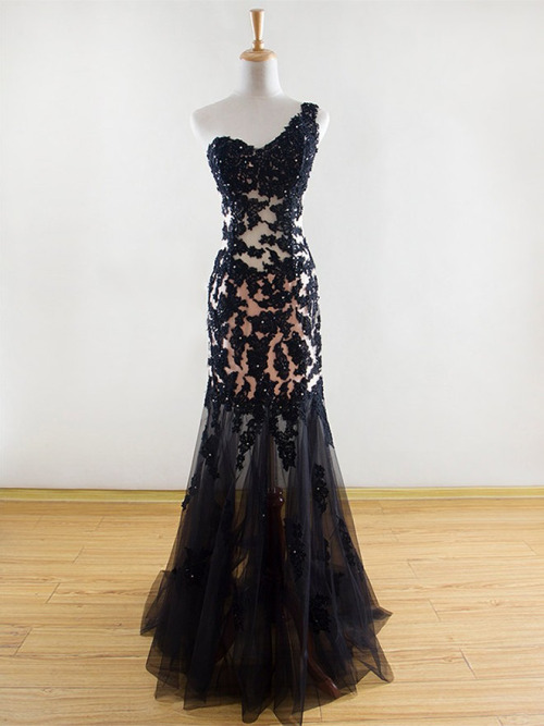 Black Prom Dresses,One Shoulder Prom Dress,Tulle Prom Dress,Long Prom ...