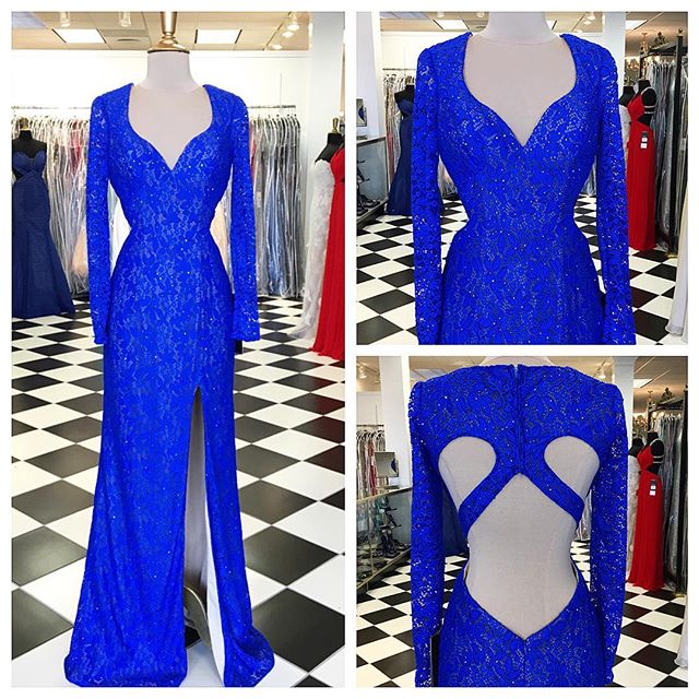Gorgeous Royal Blue Lace Beaded Long Sleeve See Through Back style Long Mermaid Prom Dresses, PD0281