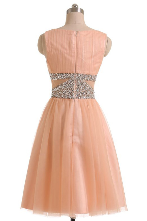Simple A-line Jewel Peach Tulle Homecoming Dress With Beads on Luulla