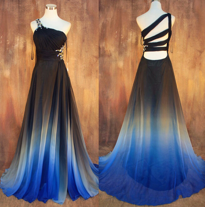 Gradient Ombre Chiffon Prom Dresses Sexy Backless Beading Evening Dress One Shoulder Pleats Wome 3830