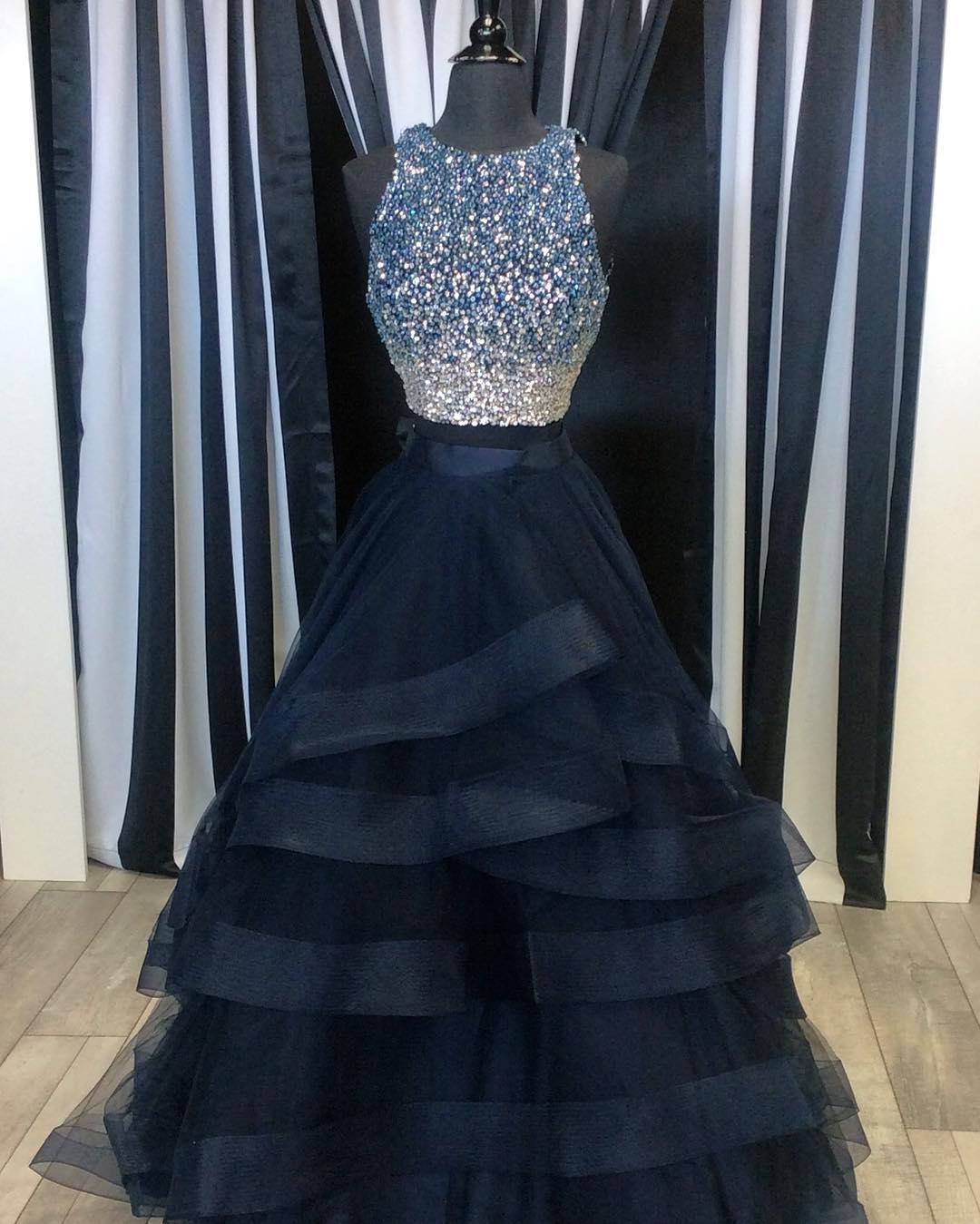 Two Piece Prom Dresses,Ruffles Ball Gowns,Sparkly Sequins Dress,2 Piece Prom Dress,Long Party Dress,Prom Dresses 2017,Black Prom Dress