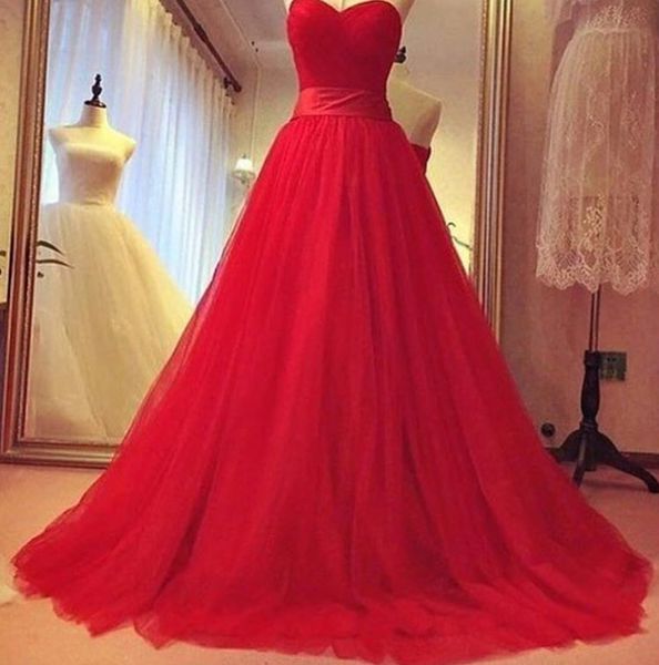Gorgeous Red Sweetheart Tulle Prom Gowns, Tulle Party Dresses, Red Ball Gowns, Red Long Prom Dresses