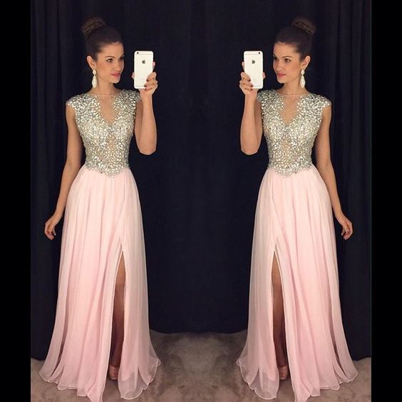 New Arrival Pink Sequins Sleeveless Evening Dresses With Split – Ballbella