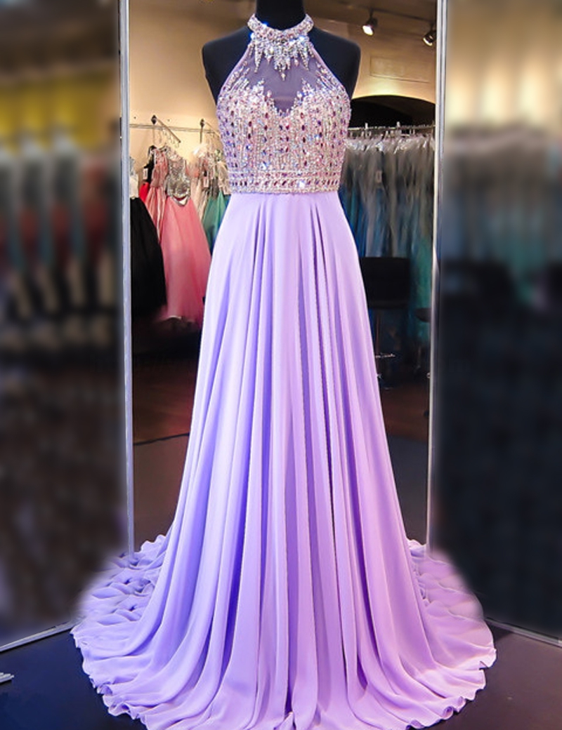 A Line Cowl Neck Sleeveless Long Pleated Beaded Lilac Prom Dress Open ...