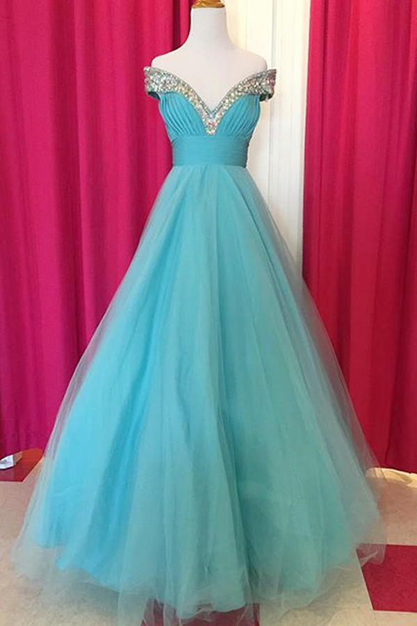 Fabulous Off Shoulder Floor Length Blue Ruched Prom Dress With Beading ...