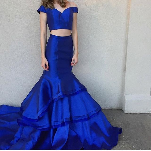 Royal Blue Two Piece Prom Dress Off The Shoulder Mermaid Prom Gown 8835