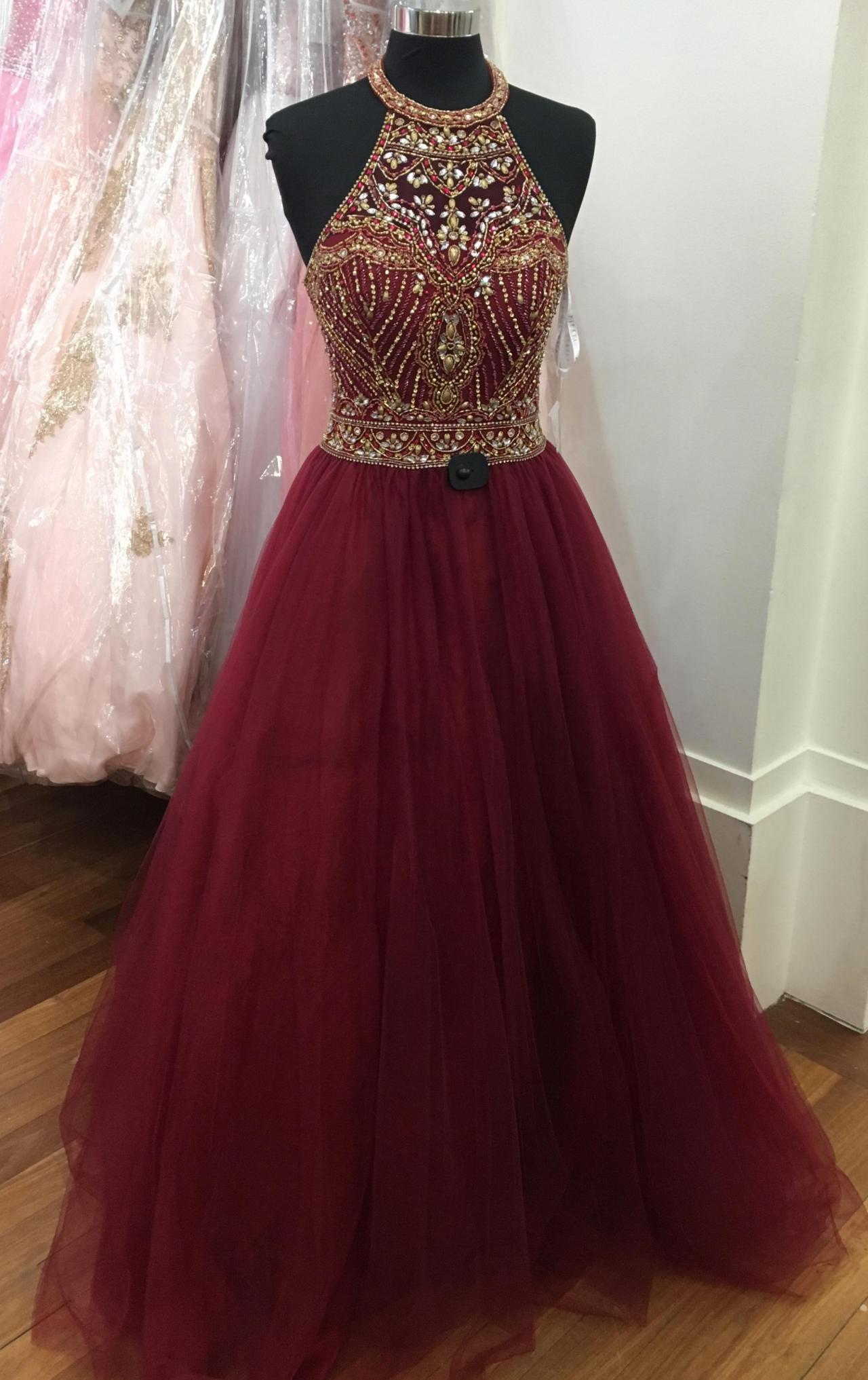 Beaded Burgundy Prom Dress, Tulle Halter Pageant Gown, Formal