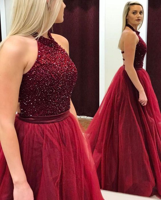 red halter prom dress