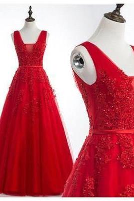 Red Lace Applique With Tulle Prom Gowns, Red Prom Gowns, Red Prom Dresses, Evening Dresses, Red Formal Dresses