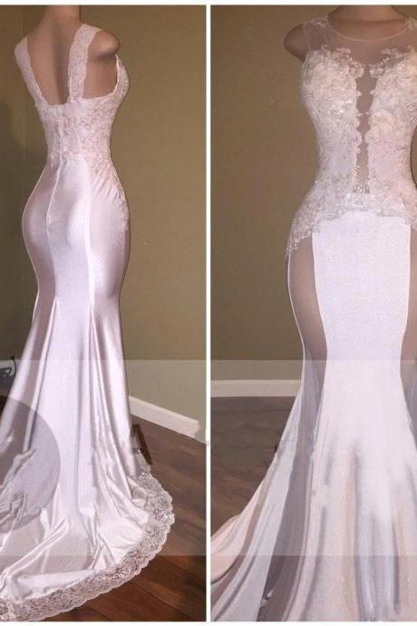 Sexy Mermaid Appliques Sheer Evening Gown White Beading Lace Glossy Prom Dresses