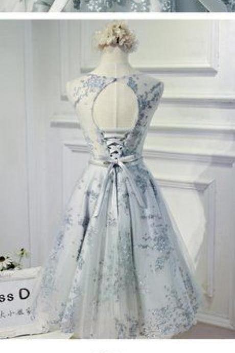 Vintage Sleeveless Round Neck Keyhole Lace Up Back Bow Sash Printing Tulle Knee Length Homecoming Dress