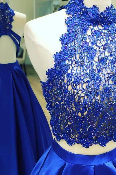 Fashion Two Piece Royal Blue Prom Dress, A line Sexy 2 pieces Graduation Dress
