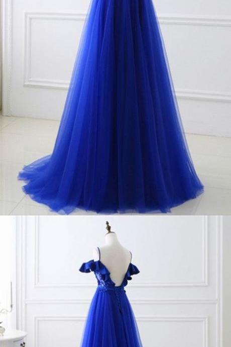 Off the Shoulder Royal Blue Prom Dress Tulle Long Prom dresses