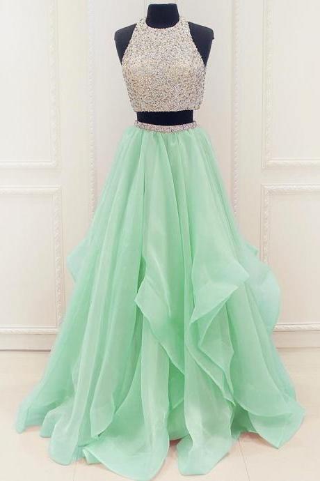 Stunning Sequins And Beaded Top Organza Ruffles Two Piece Prom Dress 