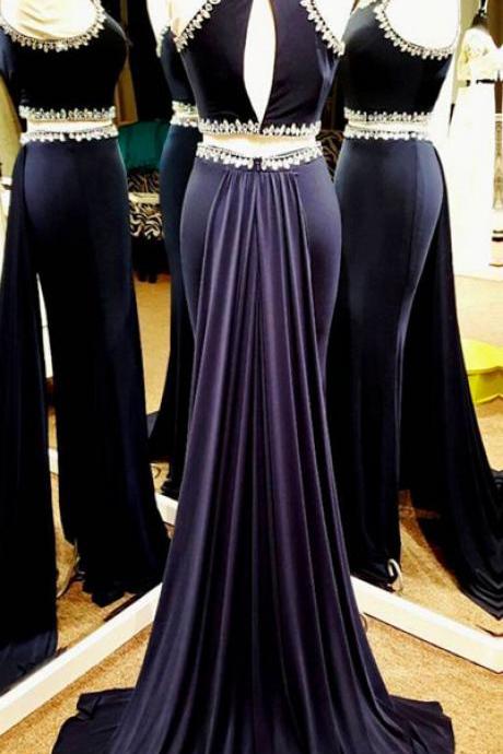 Two Pieces Long Chiffopn Prom Dresses Crystals Women Party Dresses