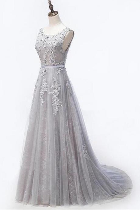 Beautiful New Style Grey Lace Beaded Round Neckline Evening Prom dresses,Handmade High Quality Party Dresses