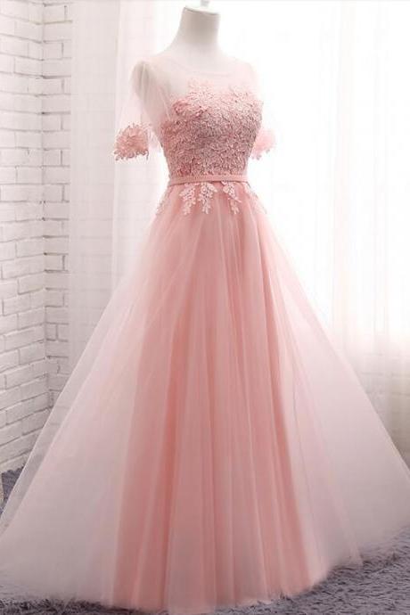 Pink Short Sleeves Bridesmaid Dresses, Pink Formal Dresses, Party Dresses, Evening Dresses