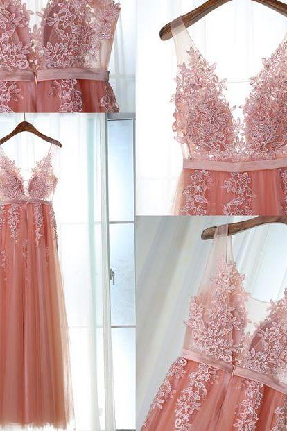 Fashionable Pink Straps V-neckline A line Prom Dresses, Pink Gowns, Long Formal Dresses