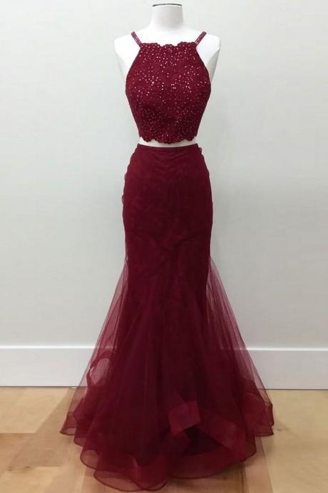 Burgundy Prom Dress,Two Piece Prom Dress,Long Sleeveless Prom Dress,Mermaid Prom Dress,Long Sexy Prom Dress