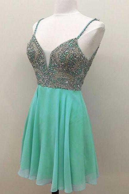 High Fashion A-Line Spaghetti Straps Green Short Homecoming/Cocktail Dress with Beading