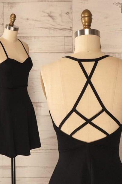 A-Line Spaghetti Criss-Cross Straps Satin Black Homecoming Dress With Pleats