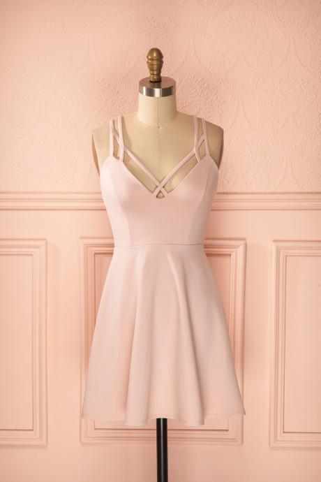 Sexy A-Line Criss-Cross Straps Light Pink Satin Homecoming Dresses With Pleats