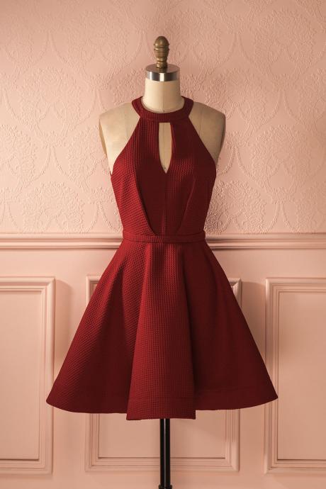 Sexy A-Line Halter Open-Back Burgundy Short Homecoming Dress With Pleats